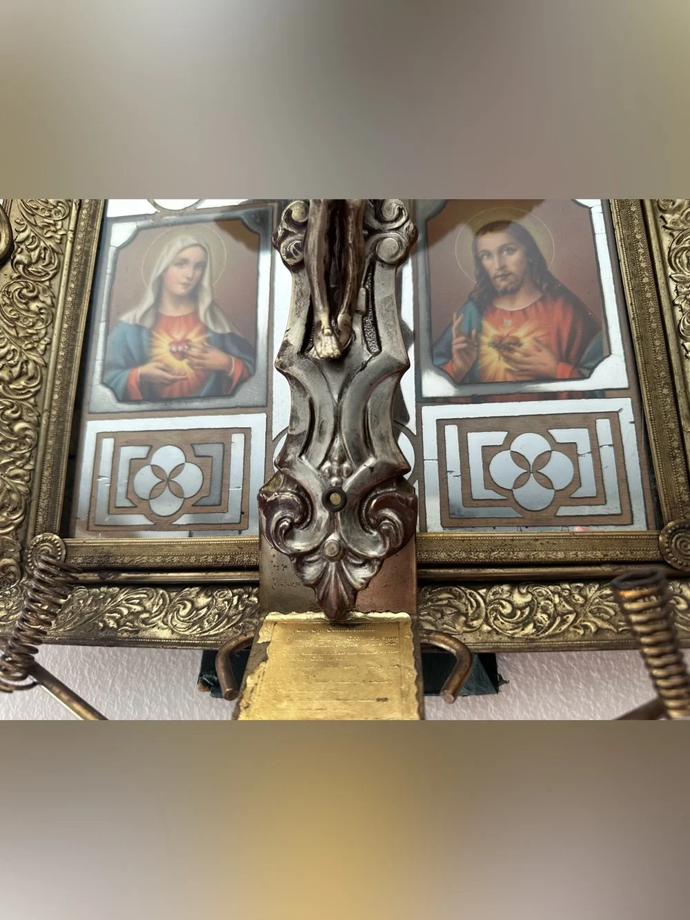 Catholic Antique Ornate Framed Reverse Painted Mirror Shrine With Crucifix